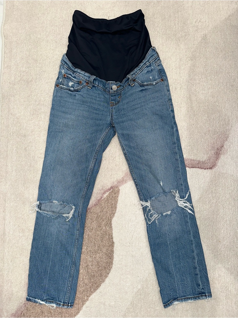 Maternity Distressed Blue Jeans with Black Belly Panel